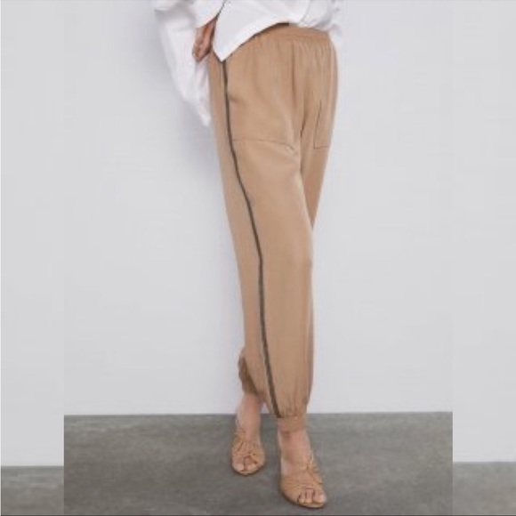 ZARA KHAKI PANTS WITH SEQUINED SIDE EMBELLISHMENTS - Picture 1 of 4